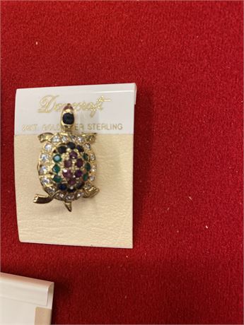 2 pcs Sterling Silver Vermeil Turtle Precious Stone Pin with precious stones!