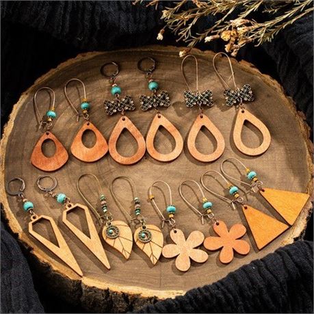 35 Pairs of Boho Beaded Vintage Wood Earrings
