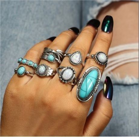 64Pcs Vintage Bohemian Sliver Turquoise Rings Jewelry