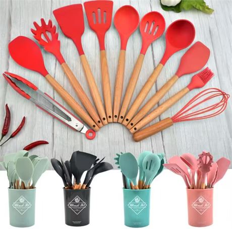 [6 Set] 11-Piece Set of Silicone-Coated Kitchen Utensils with Wooden Handles